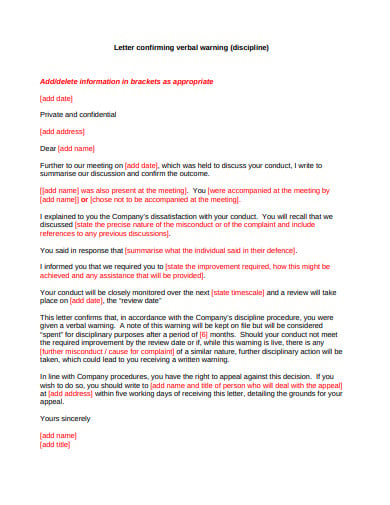 letter confirming verbal warning example