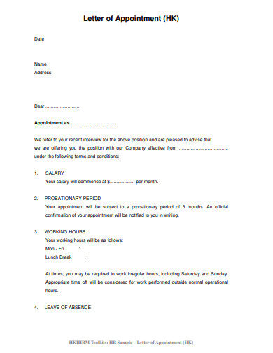 letter of appointment example template