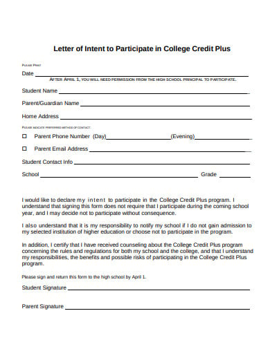 letter of intent to participate in college credit plus form 