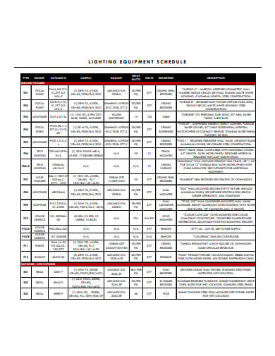 lighting equipment schedule template