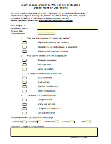 maintenance employee work order evaluation template
