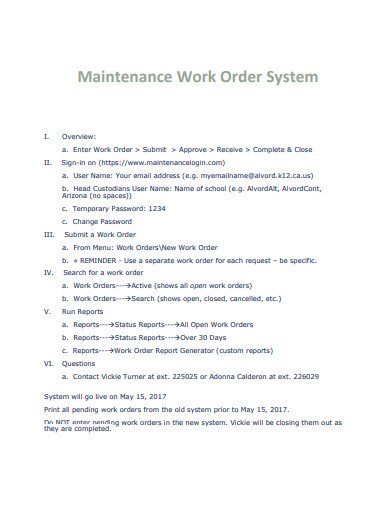 maintenance work order system template
