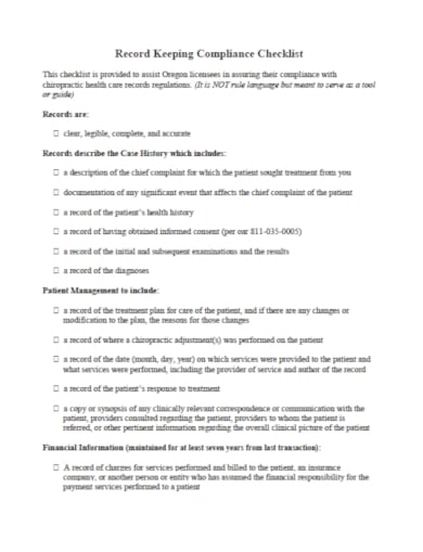 medical record keeping checklist template