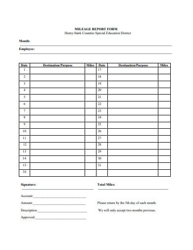 mileage report form example
