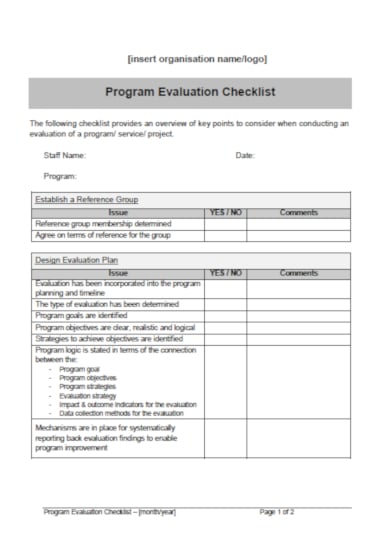 minimalist evaluation checklist template