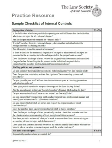 model checklist template for internal controls