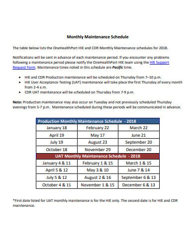 monthly maintenance schedule
