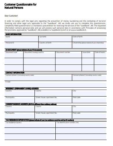 natural persons customer questionnaire templates