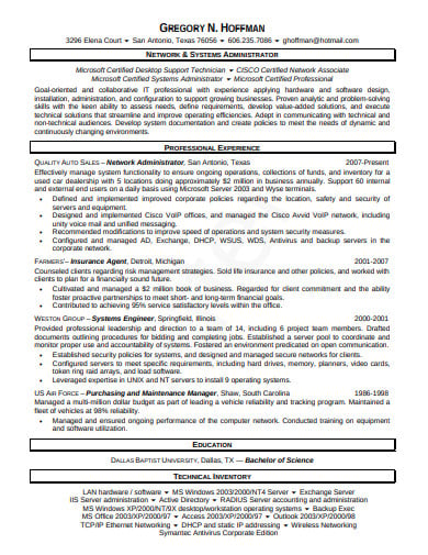 network administrator resume in pdf