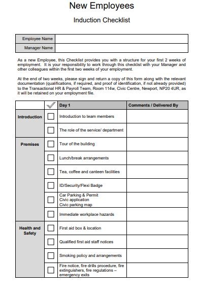 10 Induction Checklist Templates Induction Checklist Template Doc