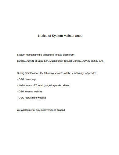 notice of system maintenance template