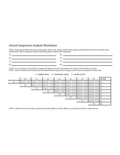 paired comparison analysis worksheet
