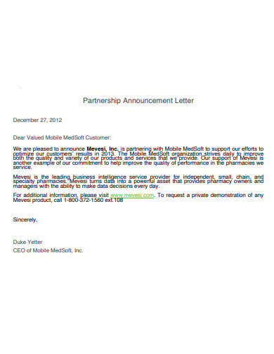 partnership announcement letter