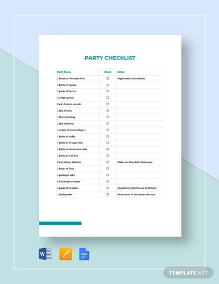 party checklist template