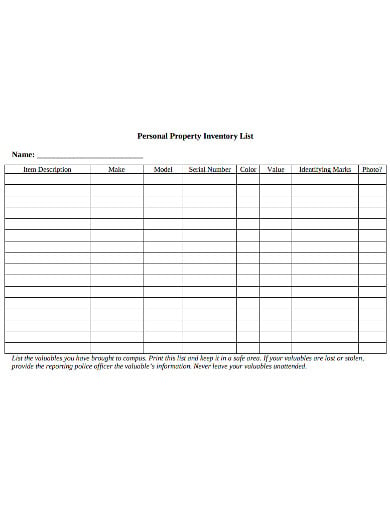 personal property inventory list sample
