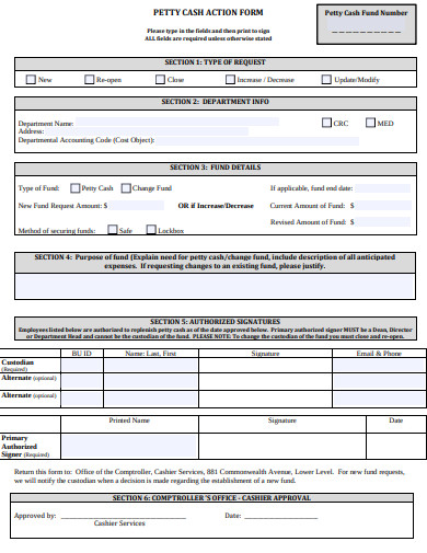 petty cash action form template