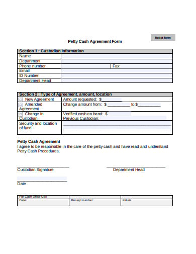 petty cash agreement form template