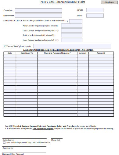 petty cash replishment form template