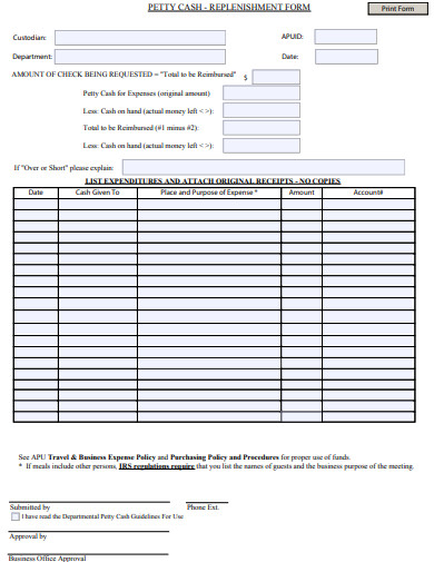 petty cash replishment form template