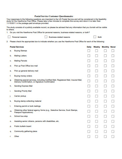 postal service customer questionnaire templates
