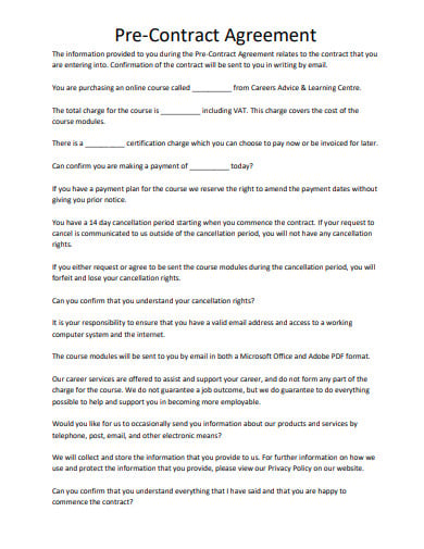 pre contract agreement template