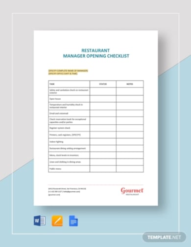 printable restaurant manager opening checklist template