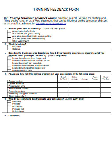 printable training feedback form