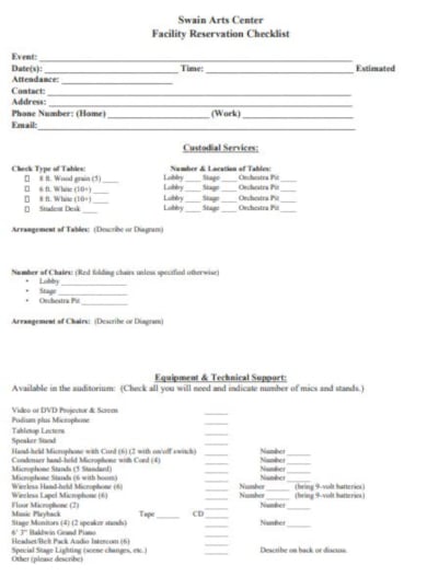 professional facility reservation checklist