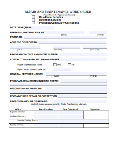 repair and maintenance work order template