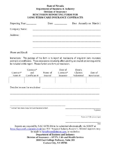 rescission reporting form contract