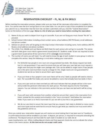 reservation checklist example