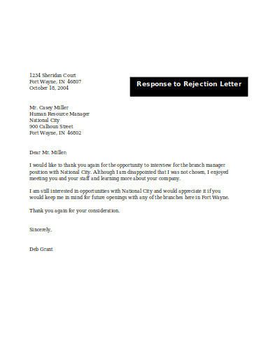 response to rejection letter