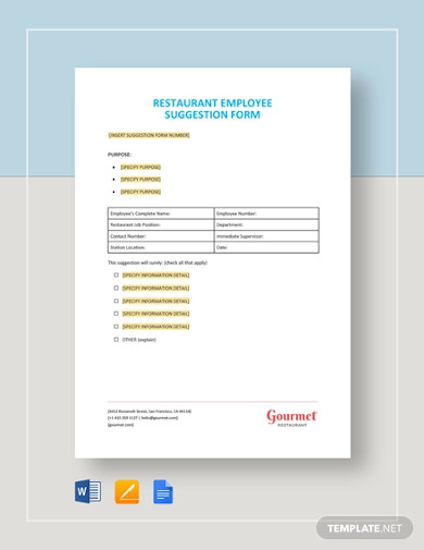 restaurant employee suggestion form template