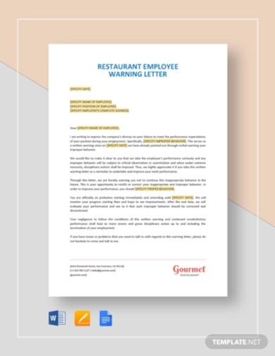 restaurant employee warning letter template
