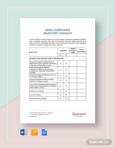 restaurant legal compliance inventory checklist template