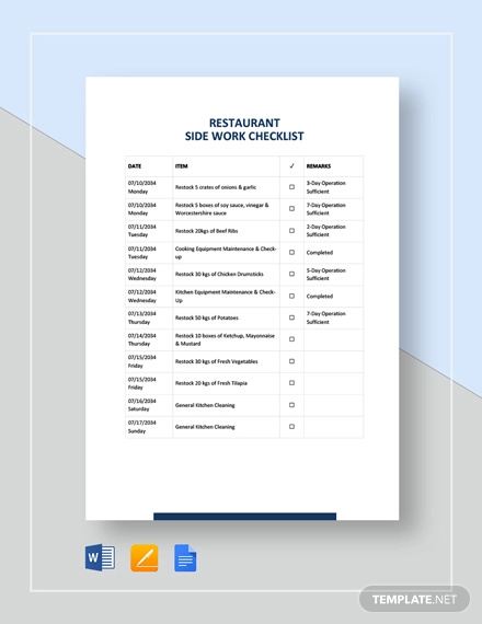 restaurant side work checklist template