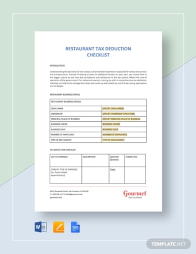 restaurant tax deduction checklist template