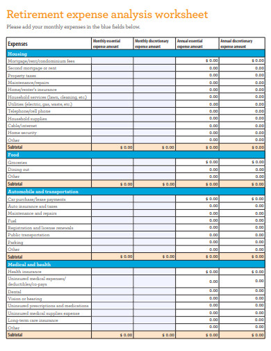 retirement expense analysis worksheet