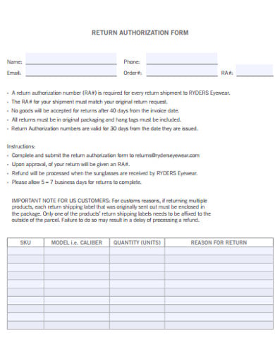 return autorization form template