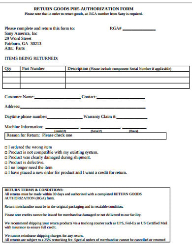return goods pre autorization form template