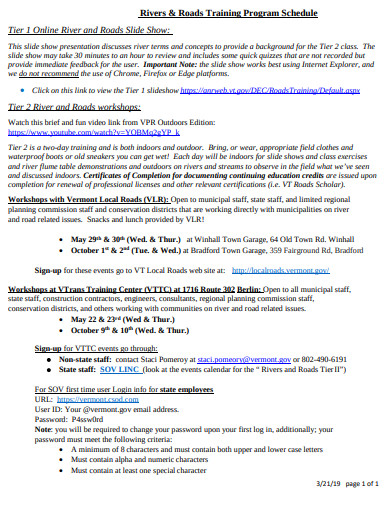 rivers and road training program schedule template