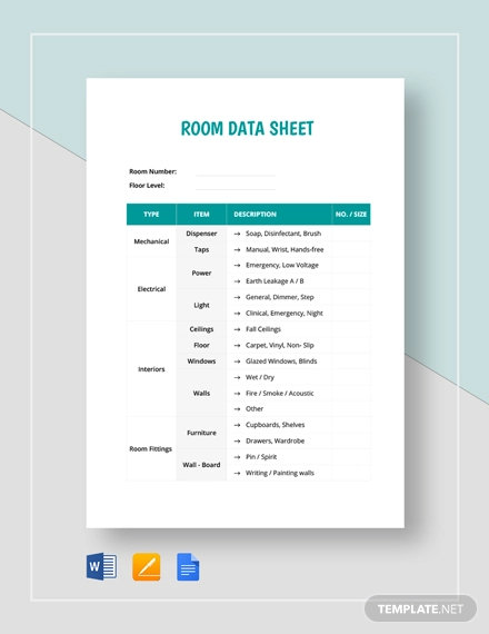 room data sheet template