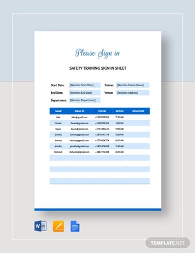 safety training sign in sheet template