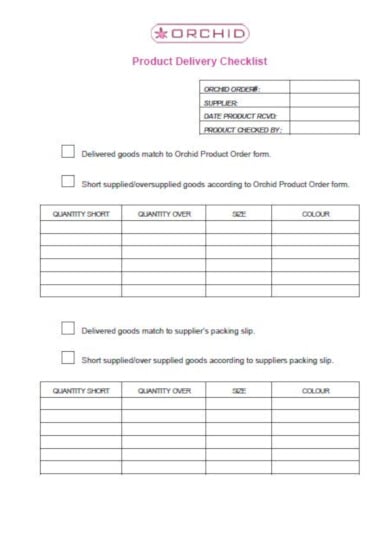 sample delivery checklist template