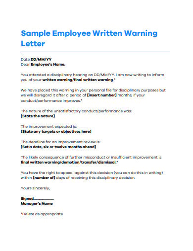 sample employee written warning letter