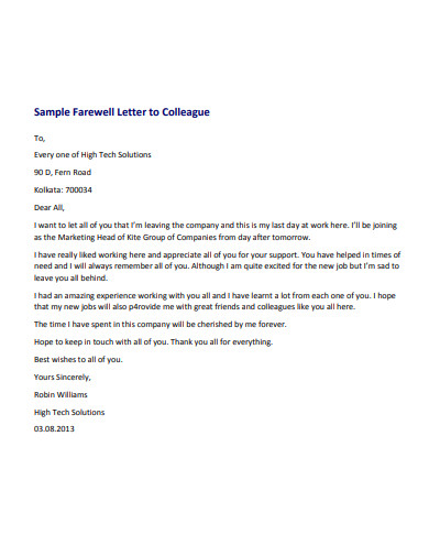 sample farewell letter to colleague