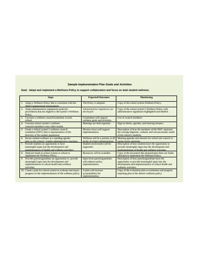 sample implementation plan goals and activities
