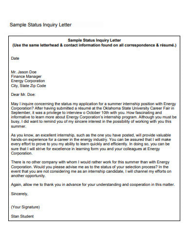 special inquiry letter sample