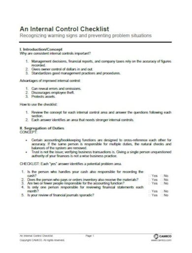 sample internal control checklist template