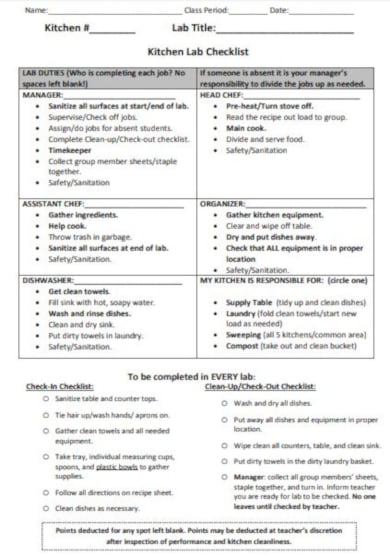 sample kitchen lab checklist